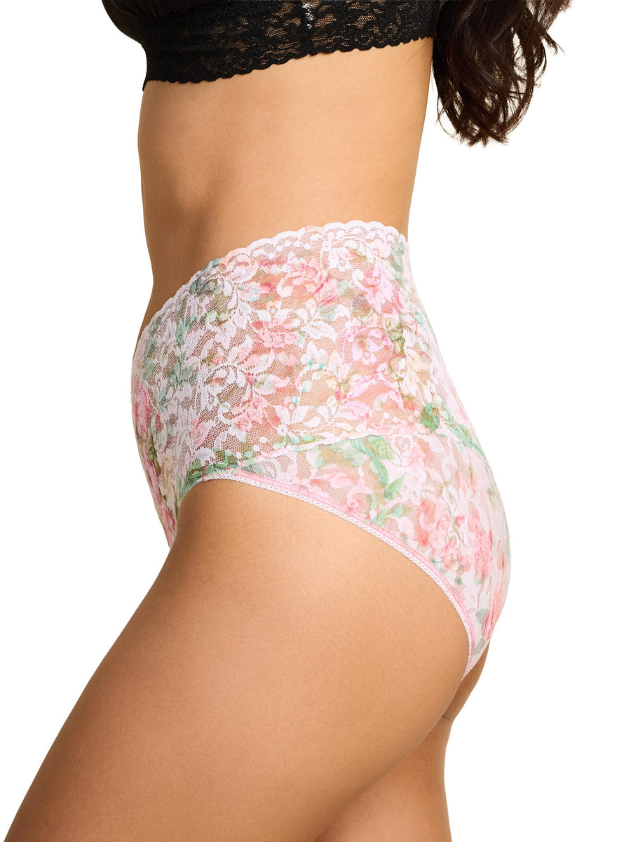 Rococo Rose Pink Floral Lace High-Rise V-Kini, wide lacy waistband - Side View | Hanky Panky