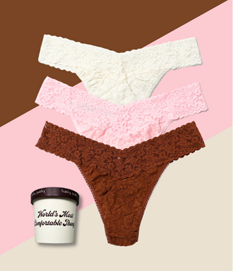 three pack of lace thongs on matching background and also showcasing the packaging beside the image