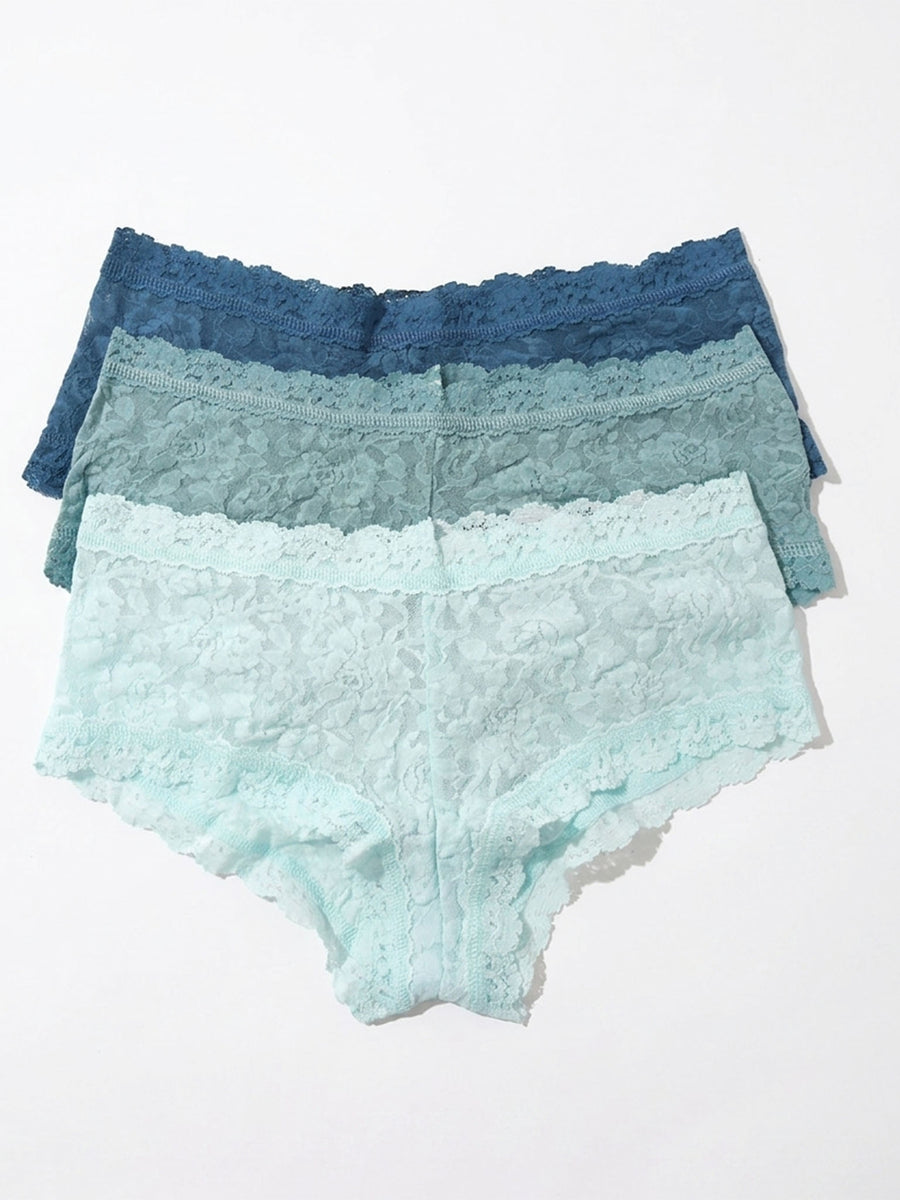 Signature Lace® Boyshorts 3-Pack Flat Lay - Storm Cloud, Duck Egg & Celeste Blue | Hanky Panky