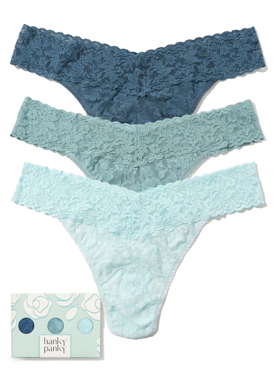 Blue Signature Lace® Thongs 3-Pack Flat Lay, Storm Cloud, Duck Egg & Celeste - Gift Box | Hanky Panky