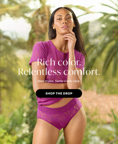 New Arrivals means new colors. Woman wearing boysenberry purple matching lingerie and underwear while feeling confident outside.