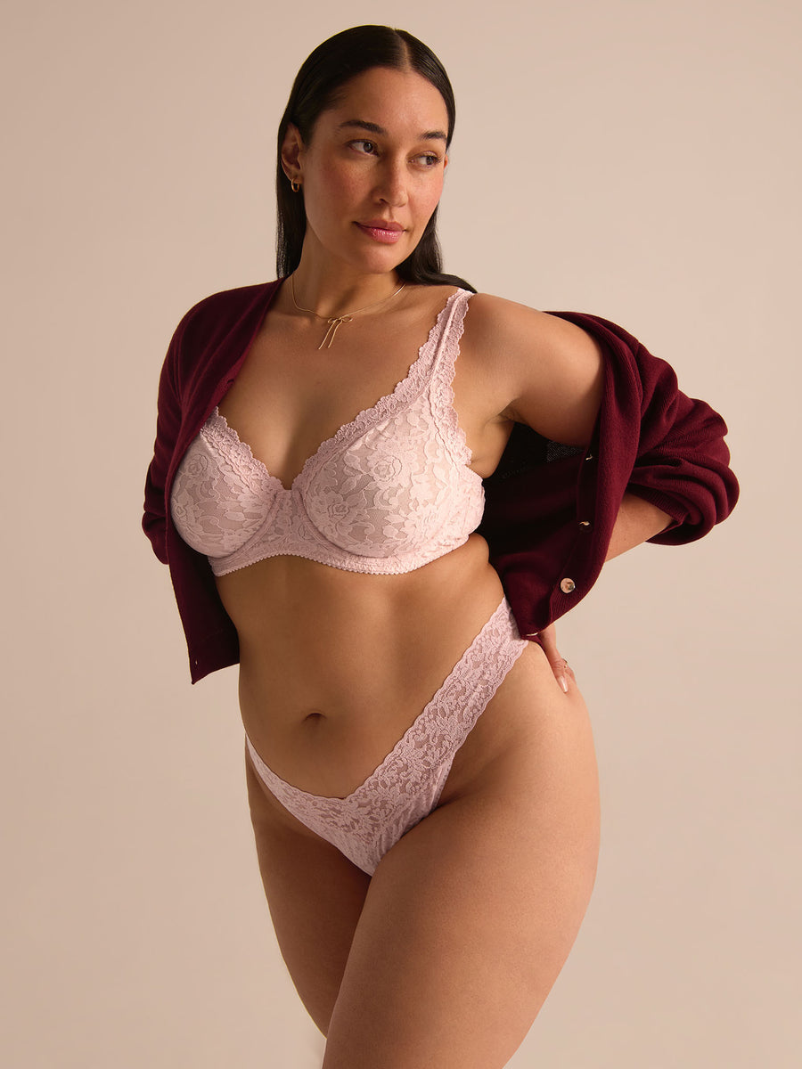 Blushing Rose pink Signature Lace® underwire bra with matching thong, styled with burgundy cardigan - On Model | Hanky Panky