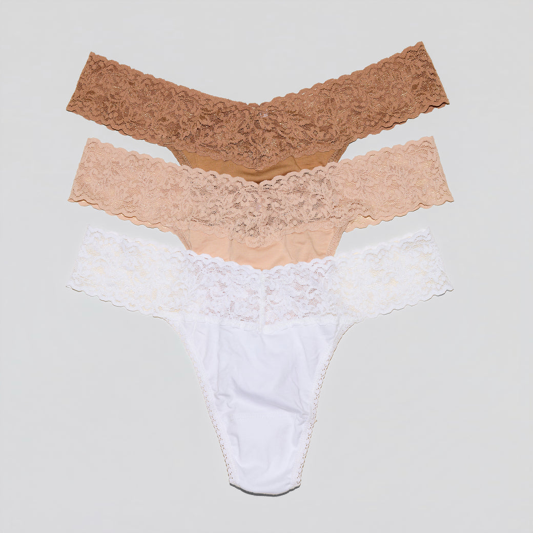 Sun Tan, Chai & White Supima® Cotton Original Rise Thongs - Flat Lay, No Packaging | Hanky Panky