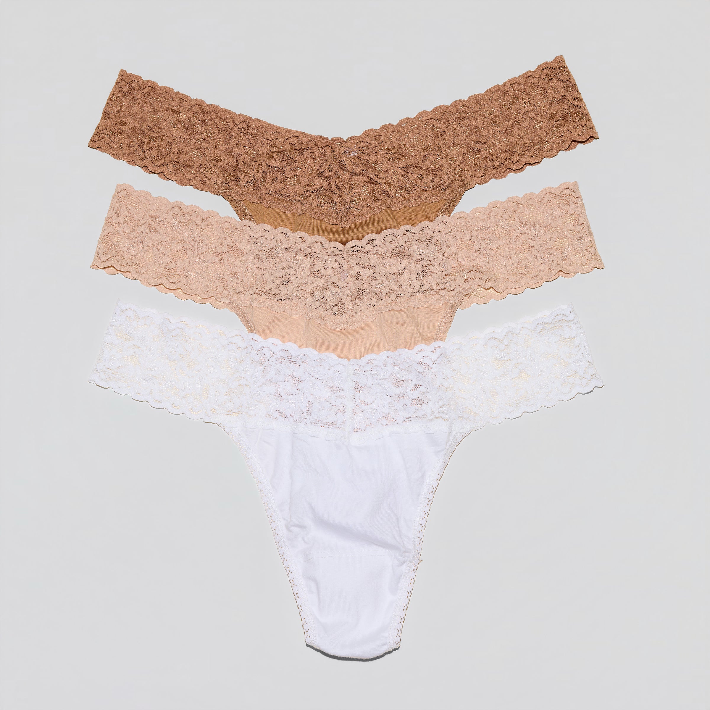 Chai, Sun Tan & White Supima® Cotton Original Rise Thongs - Flat Lay, No Packaging, Lace Waistband Detail | Hanky Panky