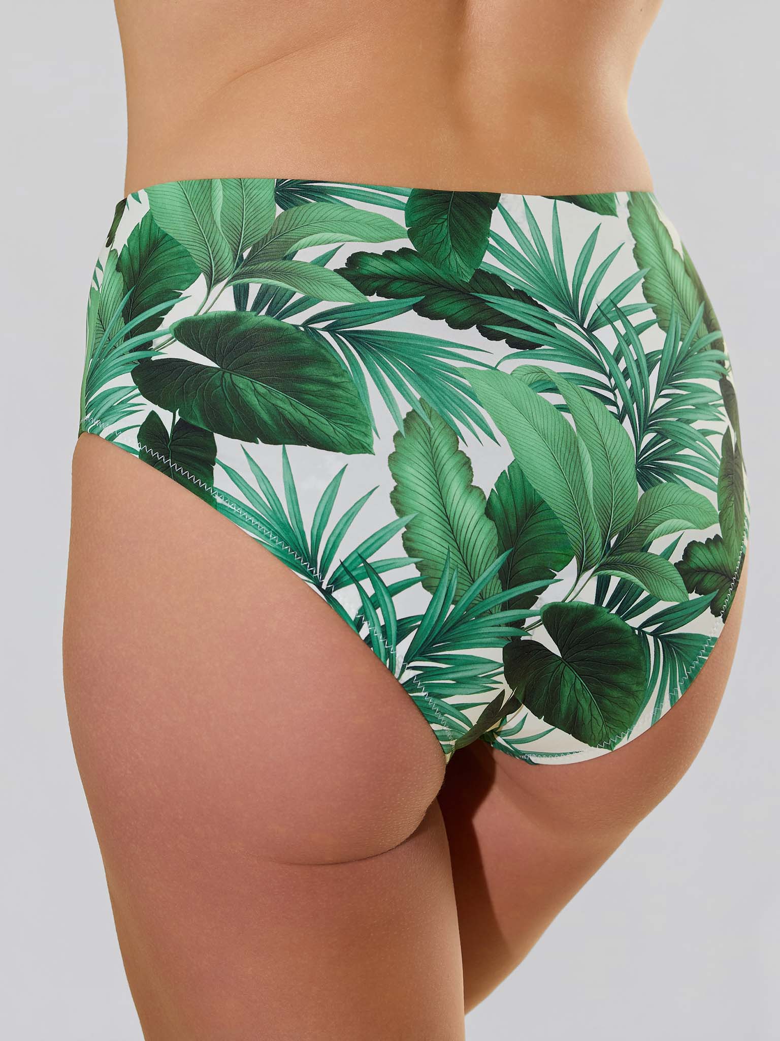 Model backview of Swim High Rise Bottom Stay Floral Palm Tree Green