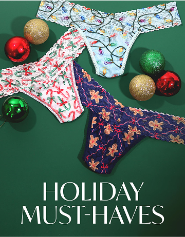 Holiday-themed underwear with festive decorations on a green background