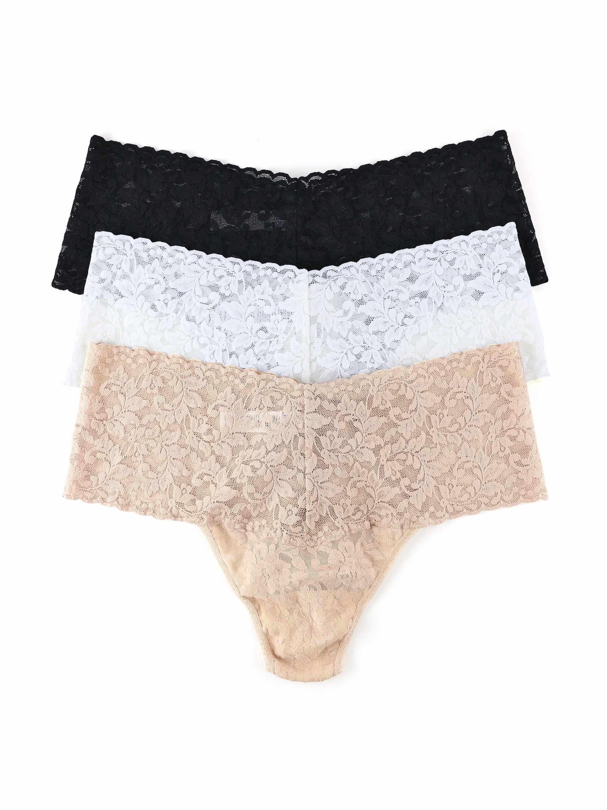 3 Pack Plus Size Retro Lace Thong-BLACK/WHITE/CHAI-Hanky Panky