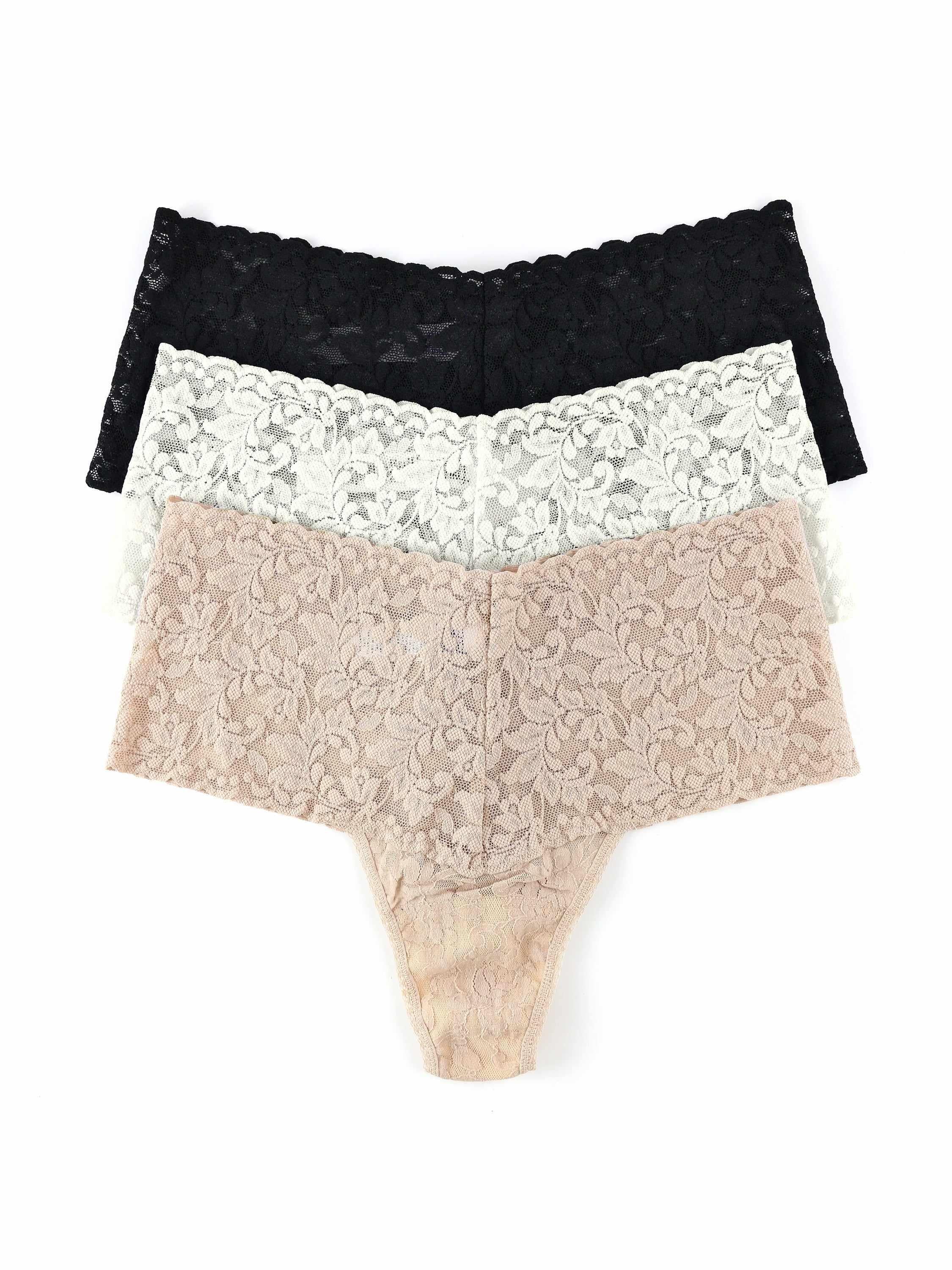 3 Pack Retro Lace Thong in Black, Marshmallow & Chai - Flat Lay | Hanky Panky
