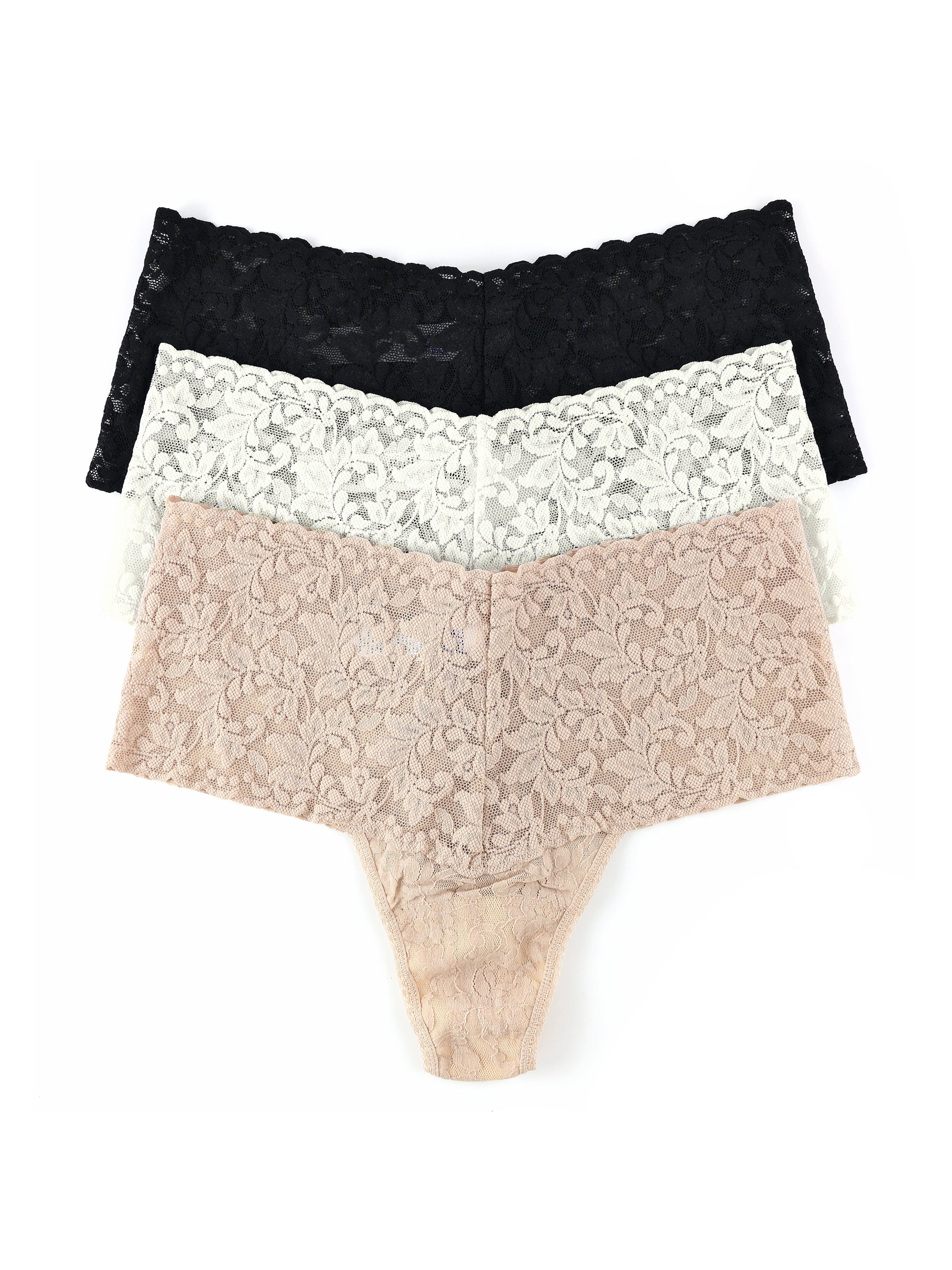 3 Pack Retro Lace Thong Exclusive in Black Chai Marshmallow
