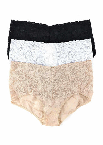 3 Pack Signature Lace Retro V-kini in Black, White & Chai - Flat Lay | Hanky Panky
