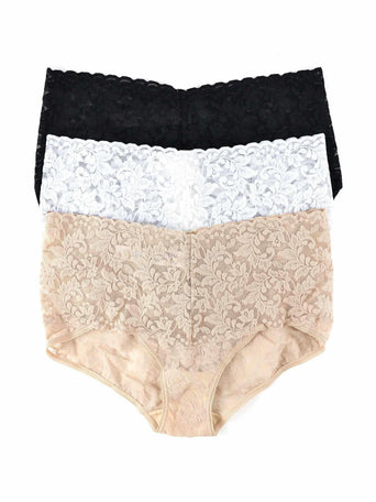 3 Pack Signature Lace Retro V-kini in Black, White & Chai - Flat Lay | Hanky Panky