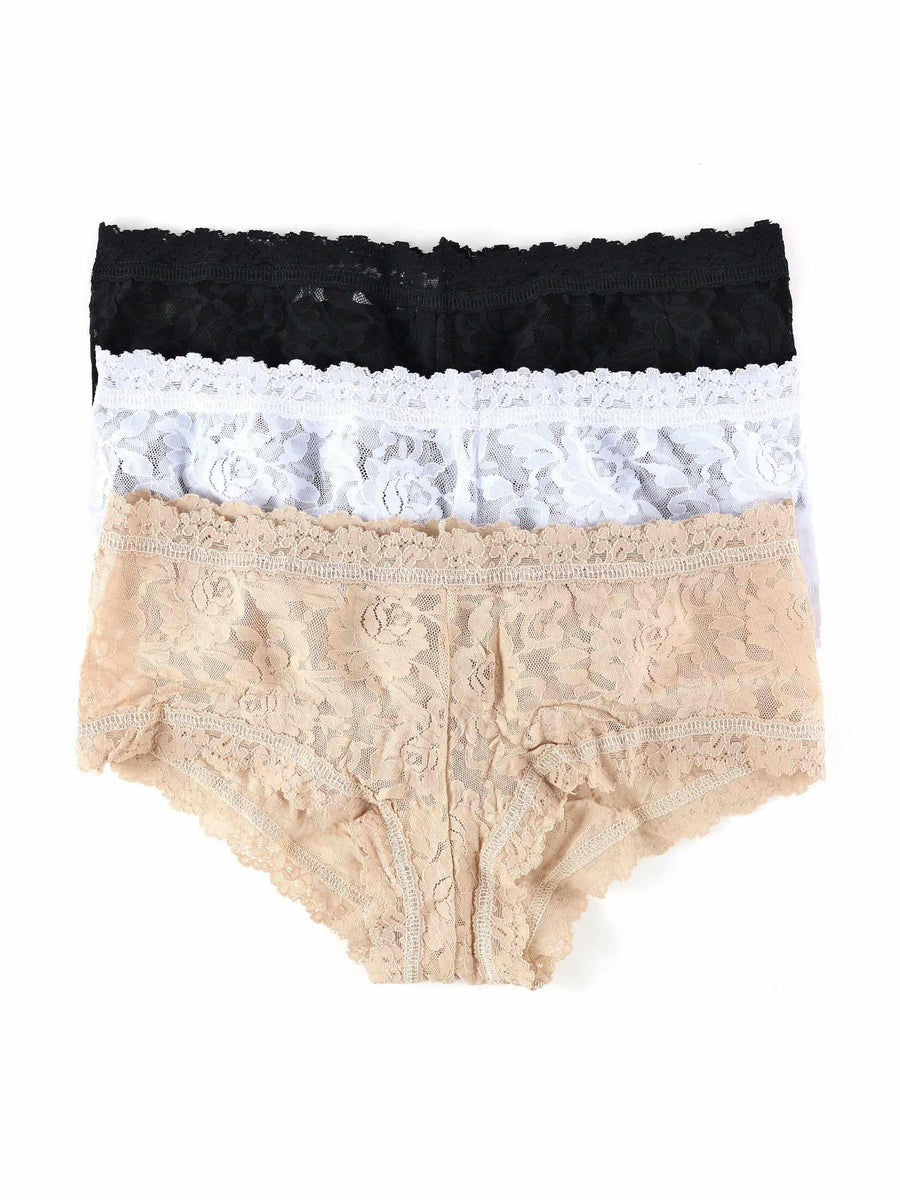 3 Pack Signature Lace® Boyshorts in Black, White & Chai - Flat Lay | Hanky Panky