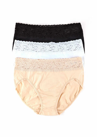 3 Pack Supima® Cotton French Brief in Black, White & Chai - Lace Waist Flat Lay | Hanky Panky