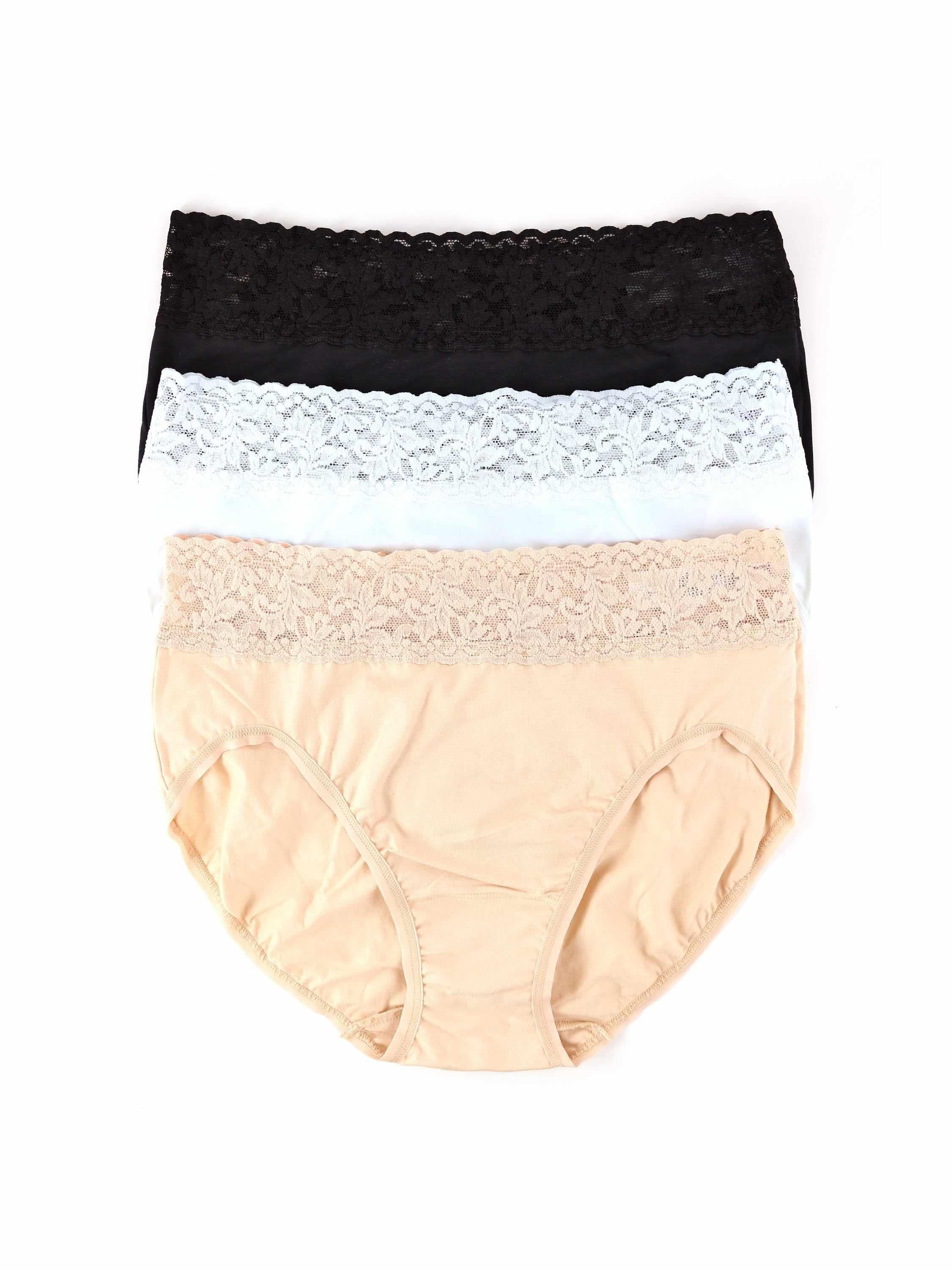 3 Pack Supima® Cotton French Brief in Black, White & Chai - Lace Waist Flat Lay | Hanky Panky