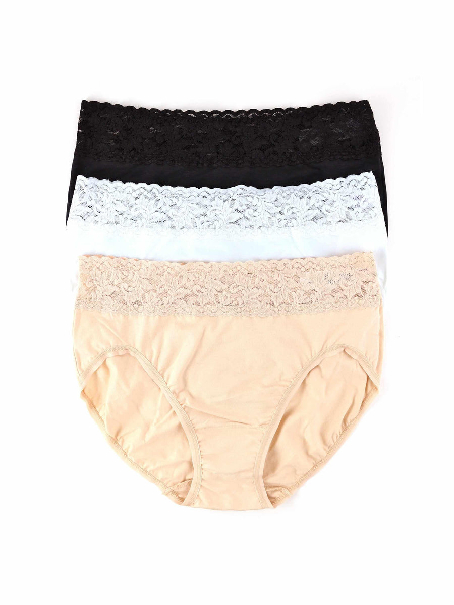 3 Pack Supima® Cotton French Brief in Black, White & Chai - Lace Waist Flat Lay | Hanky Panky