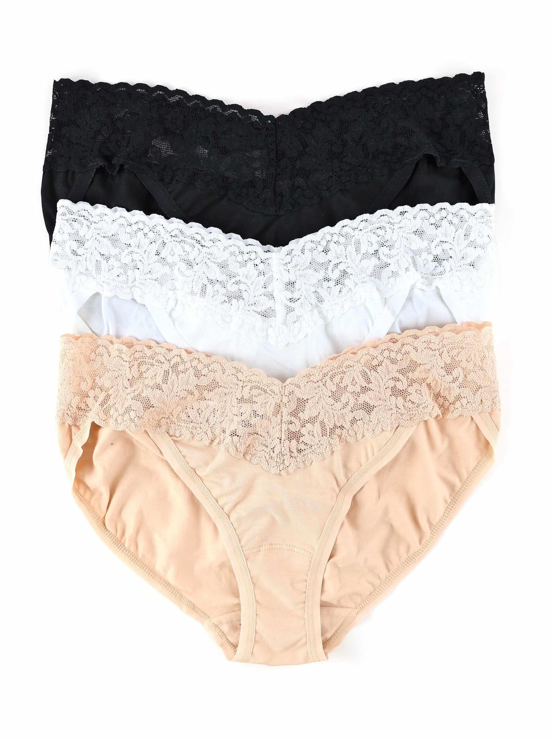 3 Pack Supima® Cotton V-Kini in Black, White & Chai - Lace Waistband Flat Lay | Hanky Panky