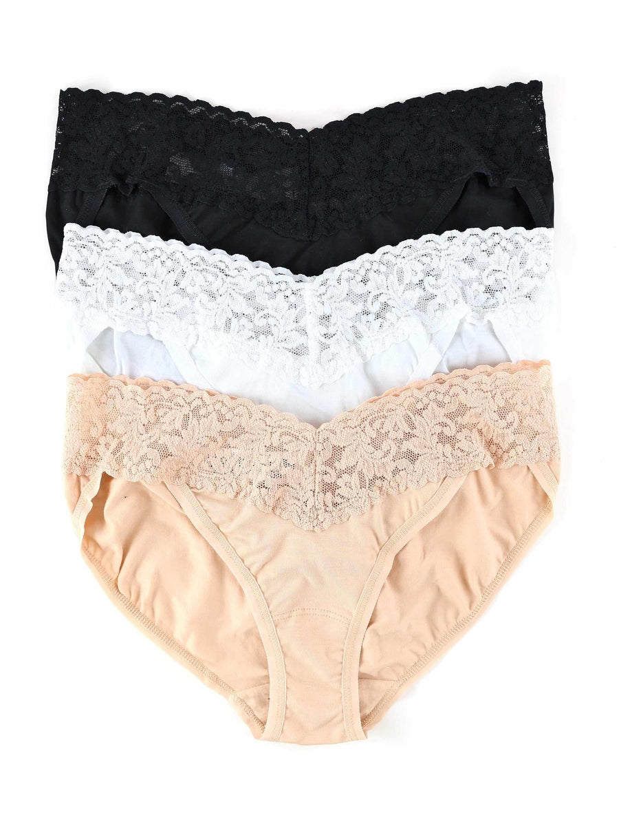 3 Pack Supima® Cotton V-Kini in Black, White & Chai - Lace Waistband Flat Lay | Hanky Panky