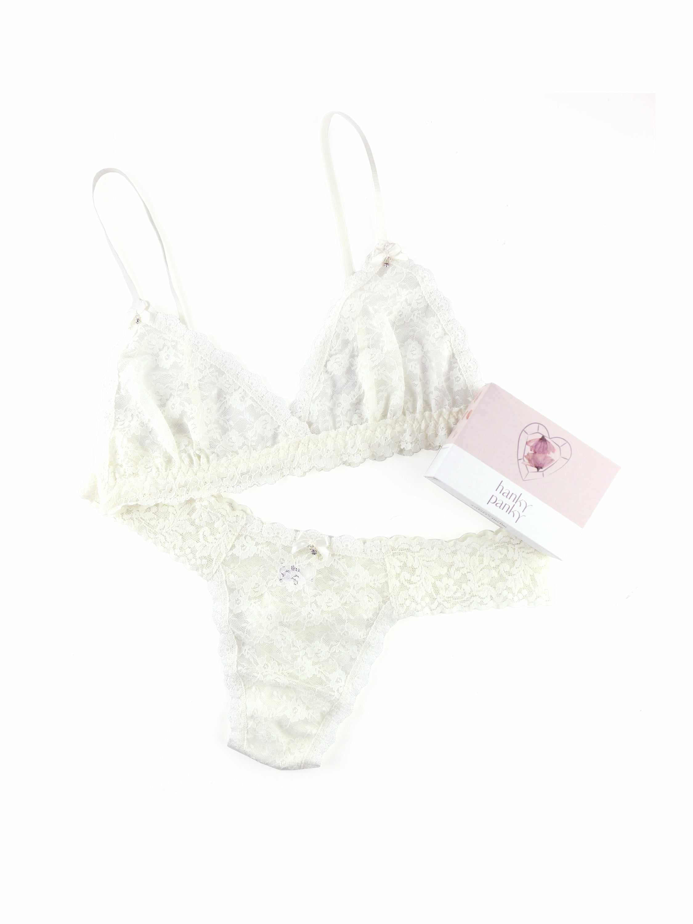 Light Ivory Signature Lace Low Rise Wedding Night Box Set - Flat Lay with Gift Tag | Hanky Panky