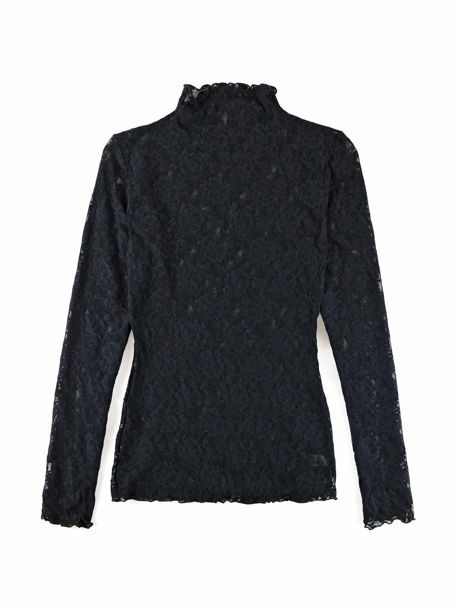 Black Signature Lace® Long Sleeve Funnel Neck Top - Flat Lay Back View | Hanky Panky