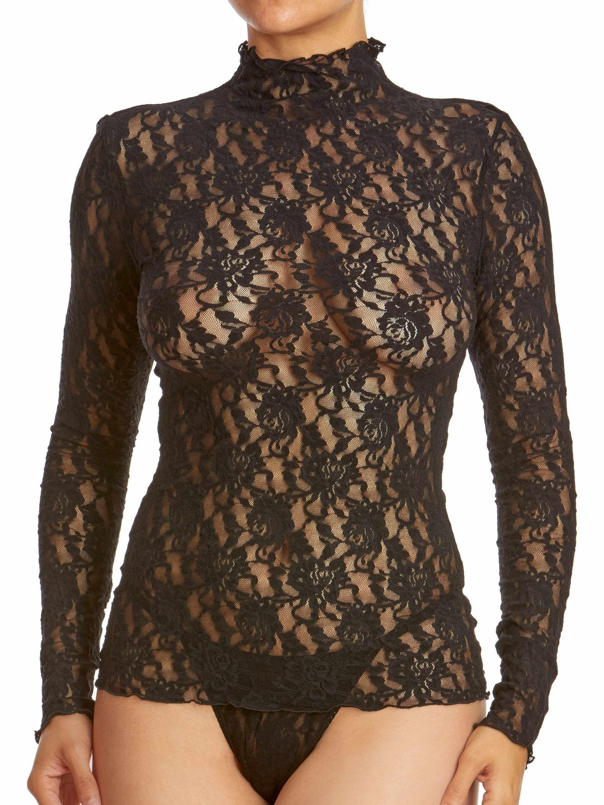 Black Sheer Signature Lace® Long Sleeve Funnel Neck Top - On Model Front View | Hanky Panky