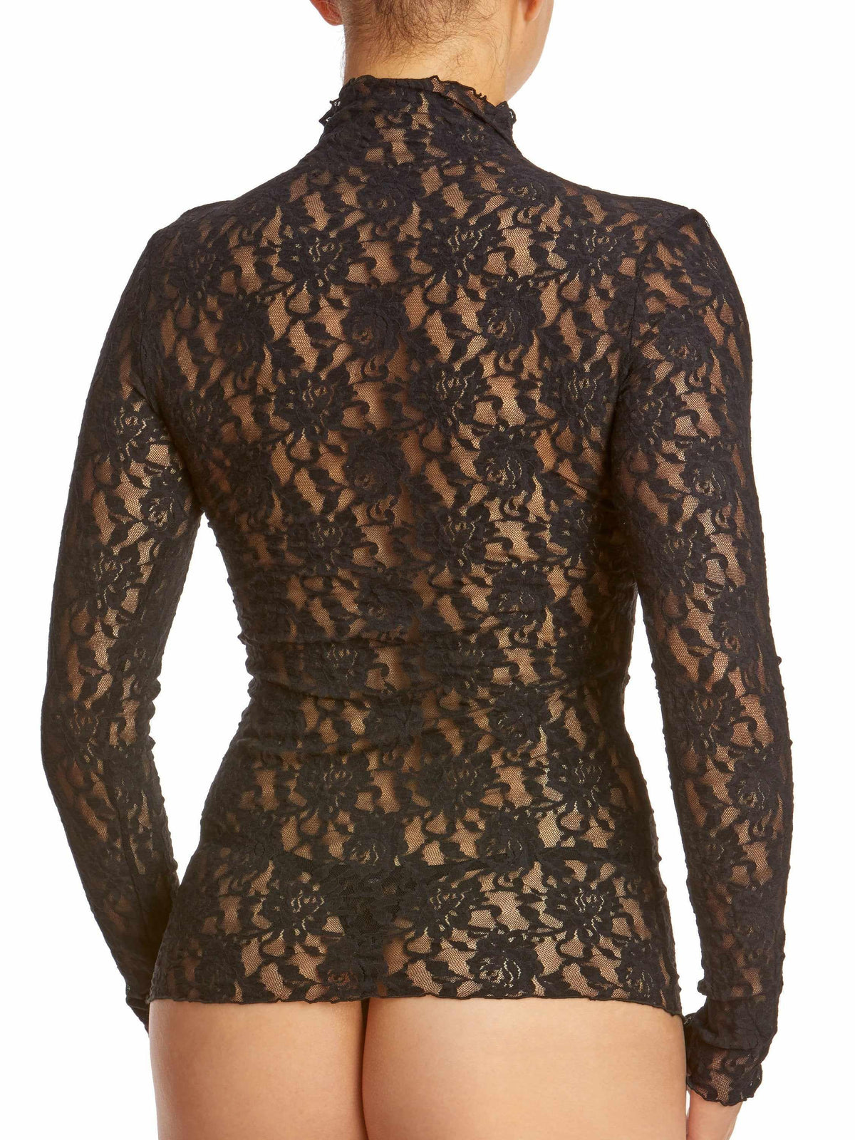 Black Sheer Signature Lace® Long Sleeve Funnel Neck Top - On Model Back View | Hanky Panky